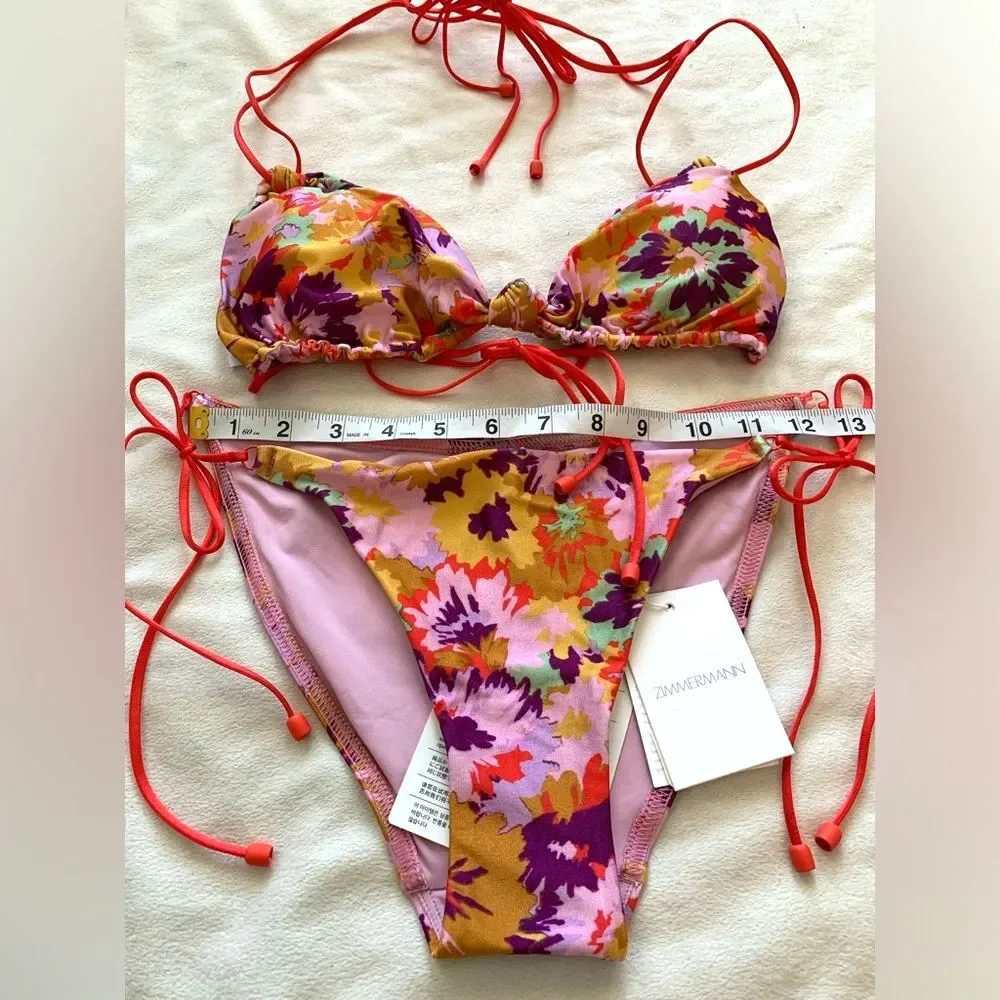 Zimmermann Floral Knotted Violet Triangle Bikini Set Size US 8-10 Boho Coquette
